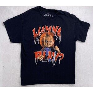 Bride of Chucky Horror T-Shirt L Black Graphic Tee "Wanna Play?" Universal